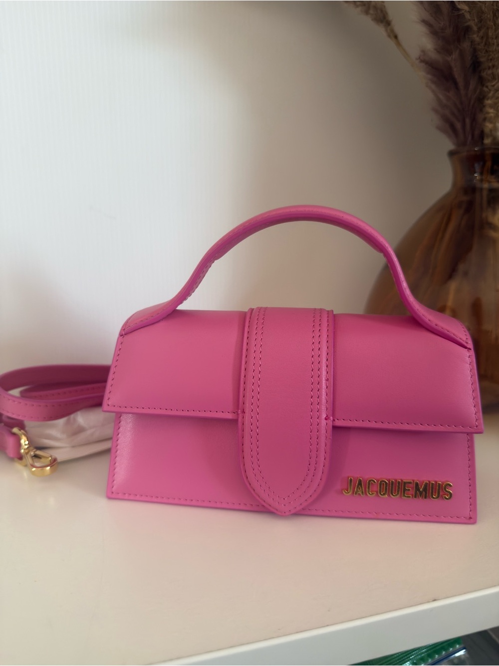 Jacquemus Bright Pink Mini Top-Handle Bag with Gold Logo